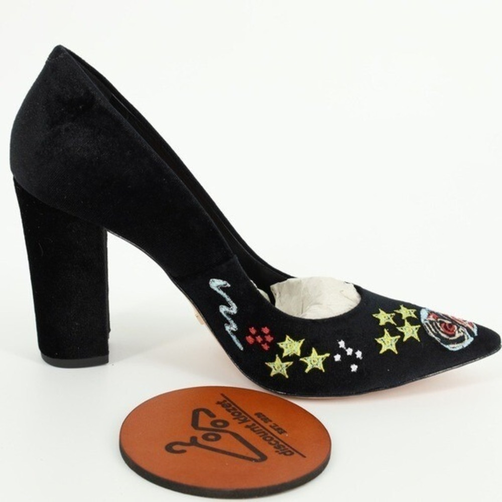 Cecconello Black Velvet‎ Celestial Embroidered Block Heel Pumps Size 40 US 9
